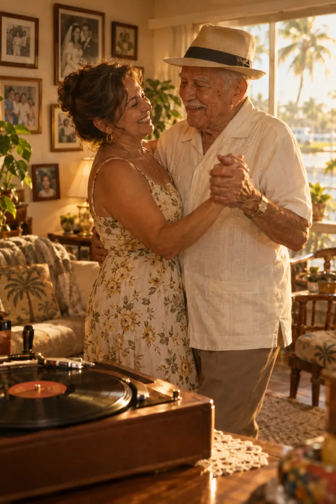 An older man in a fedora dancing with his companion in a sunlit living room beside a record player