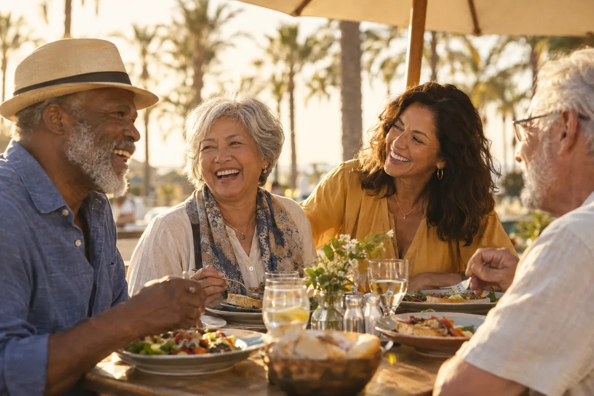 Older friends sharing a sunny lunch outdoors with their companion